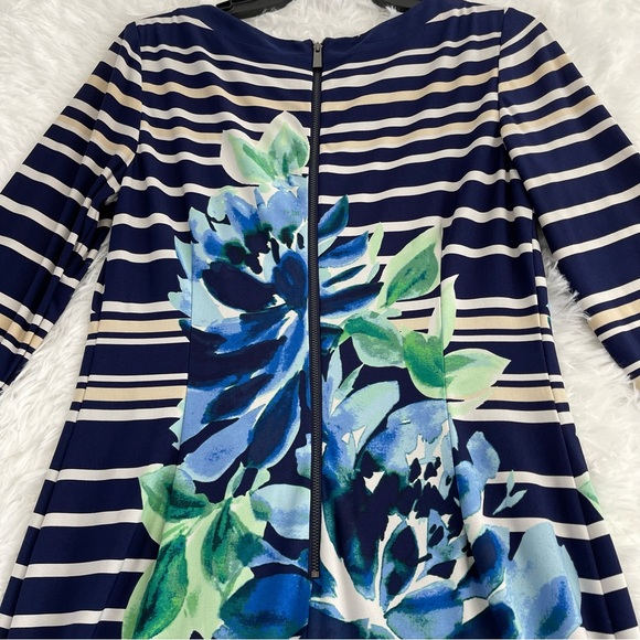 VINCE CAMUTO Navy Blue Striped Iris Dress Women’s Size 8 3/4 Sleeve Zip Back - Picture 4 of 7